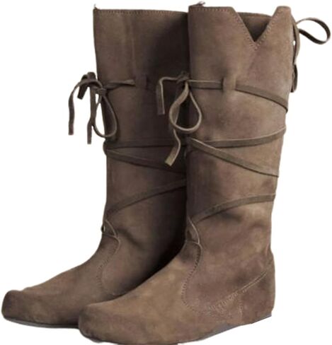 Medieval Pirate Boots, Faux Leather Mid Calf Lace Up Gothic Flat Boots, Renaissance Jazz Costume Boots in Kuwait