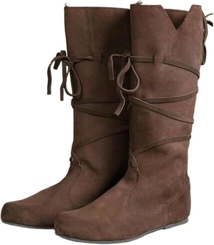 Medieval Pirate Boots, Faux Leather Mid Calf Lace Up Gothic Flat Boots, Renaissance Jazz Costume Boots in Kuwait