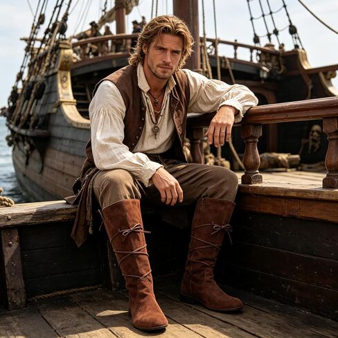 Medieval Pirate Boots, Faux Leather Mid Calf Lace Up Gothic Flat Boots, Renaissance Jazz Costume Boots in Kuwait