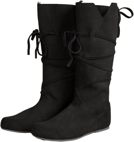 Medieval Pirate Boots, Faux Leather Mid Calf Lace Up Gothic Flat Boots, Renaissance Jazz Costume Boots in Kuwait