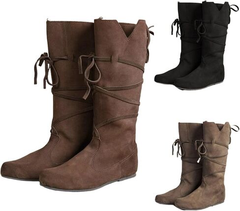 Medieval Pirate Boots, Faux Leather Mid Calf Lace Up Gothic Flat Boots, Renaissance Jazz Costume Boots in Kuwait