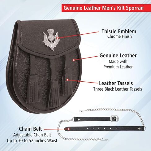 Scottish Kilt Sporran Grained Leather with Chain Belt & Thistle Emblem for Traditional Highland Wear in Saudi Arabia