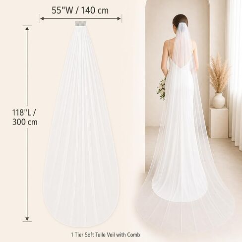 118 Inch Cathedral Wedding Veil with Comb, 1 Tier Soft Tulle Long Bridal Veil for Bride Ceremony Photos, Lightweight White Wedding Veil, 55" W x 118" L in Saudi Arabia