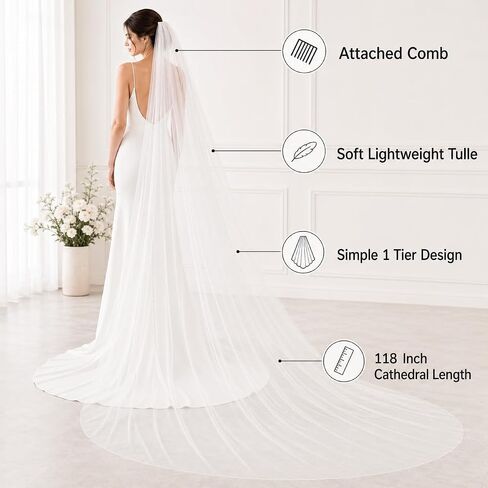 118 Inch Cathedral Wedding Veil with Comb, 1 Tier Soft Tulle Long Bridal Veil for Bride Ceremony Photos, Lightweight White Wedding Veil, 55" W x 118" L in Saudi Arabia