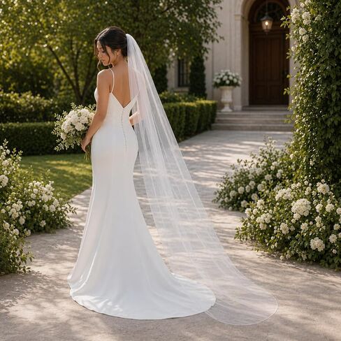 118 Inch Cathedral Wedding Veil with Comb, 1 Tier Soft Tulle Long Bridal Veil for Bride Ceremony Photos, Lightweight White Wedding Veil, 55" W x 118" L in Saudi Arabia