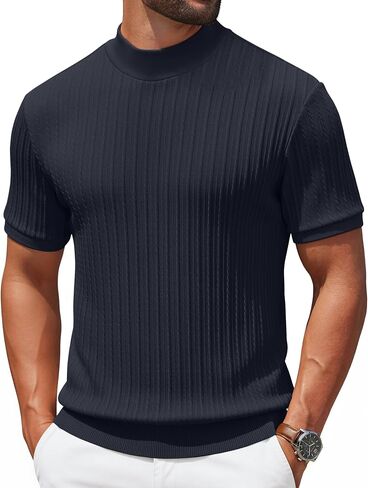 COOFANDY Men's Mock Turtleneck Sweater Short Sleeve Casual Knit Tee Slim Fit Cable Ribbed Texture Pullover Tops in Saudi Arabia
