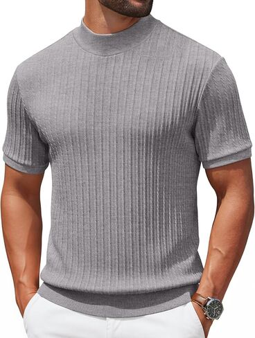 COOFANDY Men's Mock Turtleneck Sweater Short Sleeve Casual Knit Tee Slim Fit Cable Ribbed Texture Pullover Tops in Kuwait
