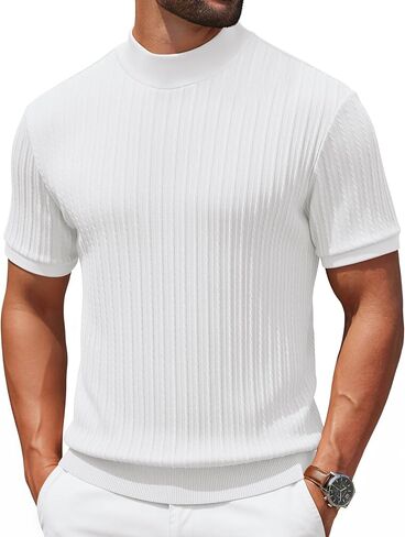 COOFANDY Men's Mock Turtleneck Sweater Short Sleeve Casual Knit Tee Slim Fit Cable Ribbed Texture Pullover Tops in Kuwait