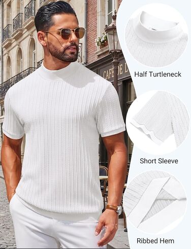 COOFANDY Men's Mock Turtleneck Sweater Short Sleeve Casual Knit Tee Slim Fit Cable Ribbed Texture Pullover Tops in Kuwait