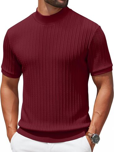 COOFANDY Men's Mock Turtleneck Sweater Short Sleeve Casual Knit Tee Slim Fit Cable Ribbed Texture Pullover Tops in Kuwait