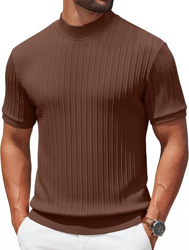 COOFANDY Men's Mock Turtleneck Sweater Short Sleeve Casual Knit Tee Slim Fit Cable Ribbed Texture Pullover Tops in Kuwait