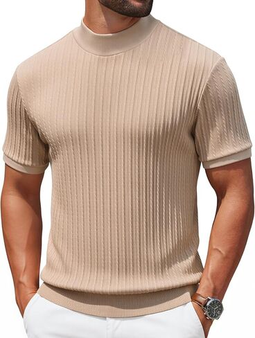 COOFANDY Men's Mock Turtleneck Sweater Short Sleeve Casual Knit Tee Slim Fit Cable Ribbed Texture Pullover Tops in Kuwait