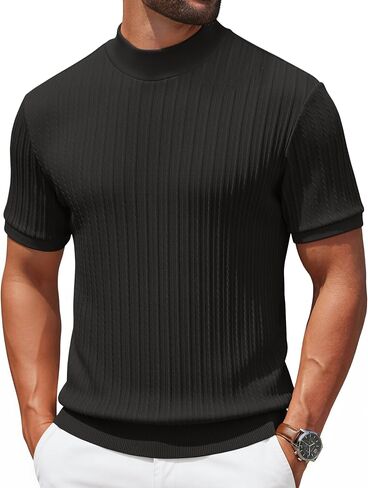 COOFANDY Men's Mock Turtleneck Sweater Short Sleeve Casual Knit Tee Slim Fit Cable Ribbed Texture Pullover Tops in Kuwait