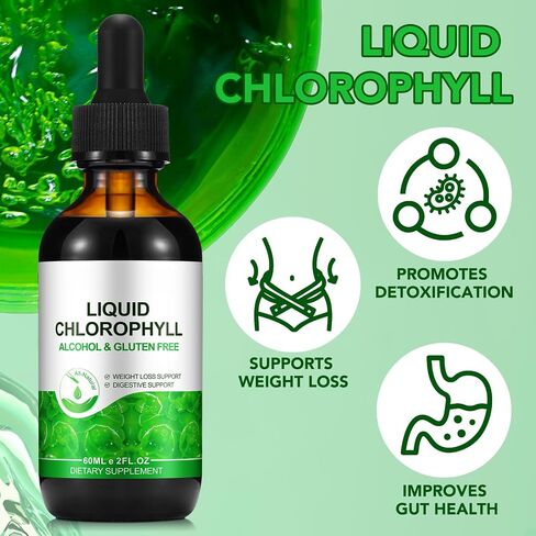 Chlorophyll Liquid Drops 60ml, 100% Natural Organic Liquid Chlorophyll Drops for Body Odor Balance,Fresh Breath, Digestion, Gut Health, Energy, Body Freshness, Peppermint Flavored Fast Absorption in Saudi Arabia