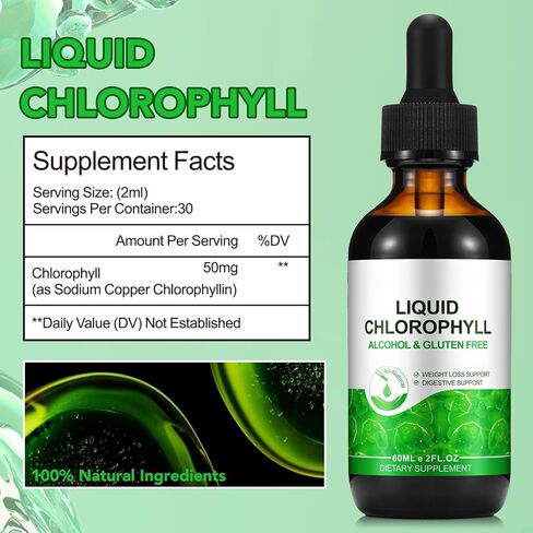 Chlorophyll Liquid Drops 60ml, 100% Natural Organic Liquid Chlorophyll Drops for Body Odor Balance,Fresh Breath, Digestion, Gut Health, Energy, Body Freshness, Peppermint Flavored Fast Absorption in Saudi Arabia