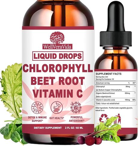 Liquid Chlorophyll Drops, Chlorophyll Supplements w. Beetroot & Vitamin C for Antioxidant Cleanse & Internal Freshness, Natural Liquid Chlorophyll for Women & Men, Fast Absorption Than Capsules Pills in Saudi Arabia