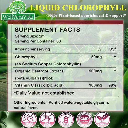 Liquid Chlorophyll Drops, Chlorophyll Supplements w. Beetroot & Vitamin C for Antioxidant Cleanse & Internal Freshness, Natural Liquid Chlorophyll for Women & Men, Fast Absorption Than Capsules Pills in Saudi Arabia