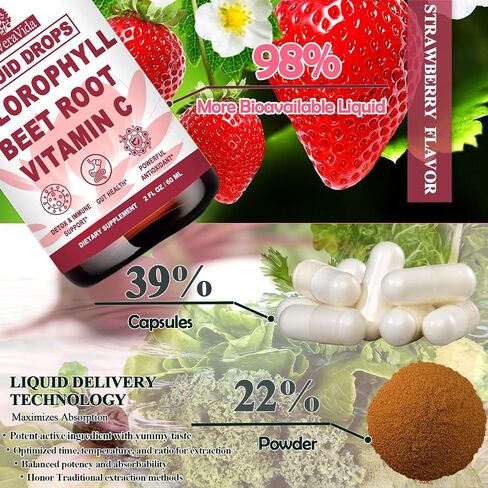 Liquid Chlorophyll Drops, Chlorophyll Supplements w. Beetroot & Vitamin C for Antioxidant Cleanse & Internal Freshness, Natural Liquid Chlorophyll for Women & Men, Fast Absorption Than Capsules Pills in Saudi Arabia