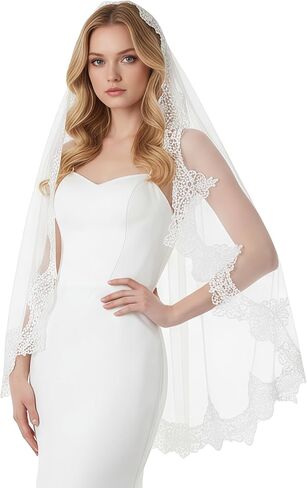 1 Tier Wedding Lace Veil,Fingertip Length Bridal Veil Lace Applique Veils for Women Wedding in Saudi Arabia