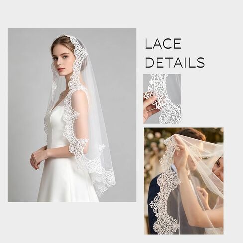 1 Tier Wedding Lace Veil,Fingertip Length Bridal Veil Lace Applique Veils for Women Wedding in Saudi Arabia