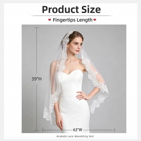 1 Tier Wedding Lace Veil,Fingertip Length Bridal Veil Lace Applique Veils for Women Wedding in Saudi Arabia
