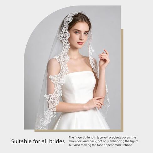 1 Tier Wedding Lace Veil,Fingertip Length Bridal Veil Lace Applique Veils for Women Wedding in Saudi Arabia