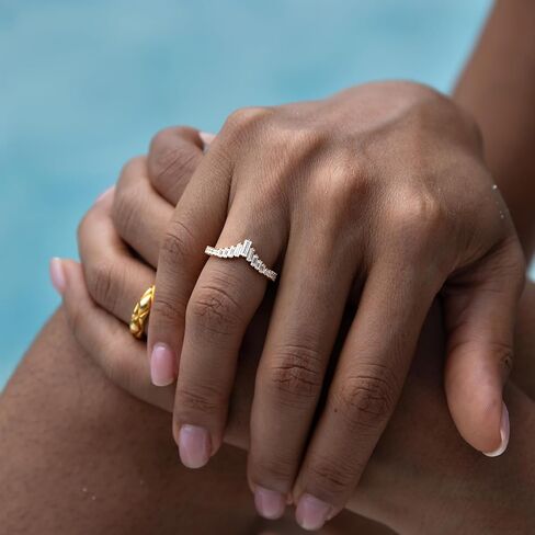 STORYJEWELLERY Curved Wedding Bands for Women, V Shaped Ring, Emerald Cut Wedding Rings, Wishbone Rings, Gold Plated Engagement Ring Enhancer in Kuwait