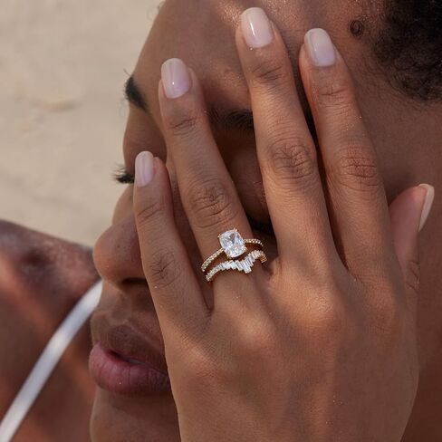STORYJEWELLERY Curved Wedding Bands for Women, V Shaped Ring, Emerald Cut Wedding Rings, Wishbone Rings, Gold Plated Engagement Ring Enhancer in Kuwait
