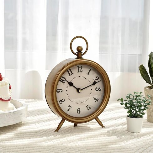 EMAX HOME Vintage Table Clock on Stand, Decorative Desk and Shelf Clock Rustic Mantel Clock Non-Ticking, Metal Frame with Antique Gold Finish in Saudi Arabia