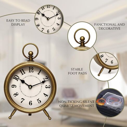 EMAX HOME Vintage Table Clock on Stand, Decorative Desk and Shelf Clock Rustic Mantel Clock Non-Ticking, Metal Frame with Antique Gold Finish in Saudi Arabia