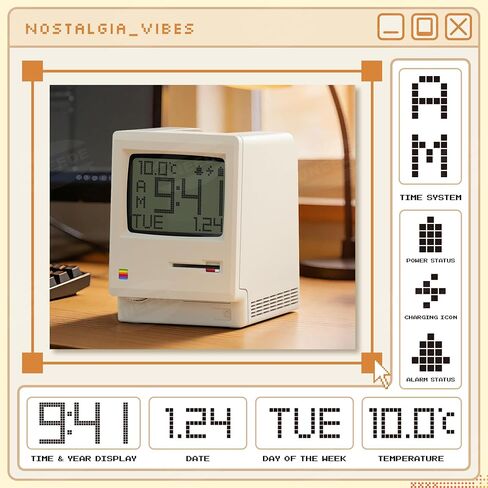 UNEEDE Maclock Retro Desk Clock, 1984 W-8 Computer Inspired Pixel Display Rechargeable Desk Clock, Multi-Alarm, Calendar, Temperature, Dimmable, Unique Retro Tech Gift for Office Bedroom Night Light in Saudi Arabia