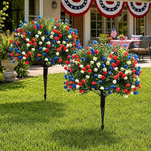 2 Pack Star Topiary Trees for 4th of July Decoration, Outdoor Artificial Plant with Pot & Ground Spike, Front Porch Star Shaped Patriotic Decor w/4 USA Flags, for Memorial Day Independence Day in Saudi Arabia