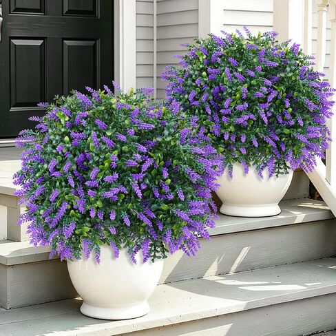 Yangrass Artificial Lavender Topiary Ball Trees with Ground Spike, Set of 2 UV Resistant Artificial Shrubs, Fake Evergreen Artificial Plant Bush for Indoor Outdoor Front Porch Garden in Kuwait