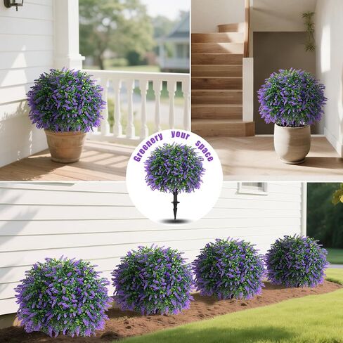 Yangrass Artificial Lavender Topiary Ball Trees with Ground Spike, Set of 2 UV Resistant Artificial Shrubs, Fake Evergreen Artificial Plant Bush for Indoor Outdoor Front Porch Garden in Kuwait