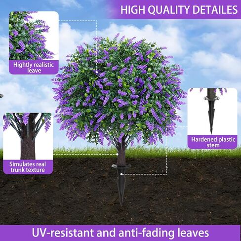 Yangrass Artificial Lavender Topiary Ball Trees with Ground Spike, Set of 2 UV Resistant Artificial Shrubs, Fake Evergreen Artificial Plant Bush for Indoor Outdoor Front Porch Garden in Kuwait