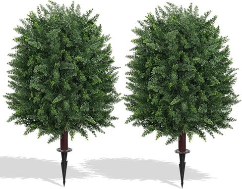 Yangrass Artificial Lavender Topiary Ball Trees with Ground Spike, Set of 2 UV Resistant Artificial Shrubs, Fake Evergreen Artificial Plant Bush for Indoor Outdoor Front Porch Garden in Kuwait