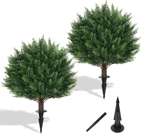 Yangrass Artificial Lavender Topiary Ball Trees with Ground Spike, Set of 2 UV Resistant Artificial Shrubs, Fake Evergreen Artificial Plant Bush for Indoor Outdoor Front Porch Garden in Kuwait