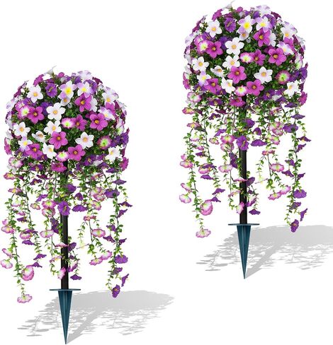 Yangrass Artificial Lavender Topiary Ball Trees with Ground Spike, Set of 2 UV Resistant Artificial Shrubs, Fake Evergreen Artificial Plant Bush for Indoor Outdoor Front Porch Garden in Kuwait