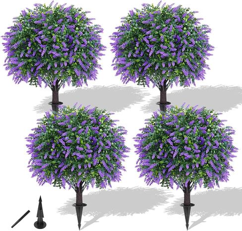 Yangrass Artificial Lavender Topiary Ball Trees with Ground Spike, Set of 2 UV Resistant Artificial Shrubs, Fake Evergreen Artificial Plant Bush for Indoor Outdoor Front Porch Garden in Kuwait