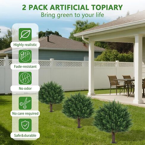 Yangrass Artificial Set of 4 Cedar Topiary Trees with Ground Spike, 4 Pack Artificial Plants with UV Resistant, Faux Evergreen Tree for Indoor Outdoor in Saudi Arabia