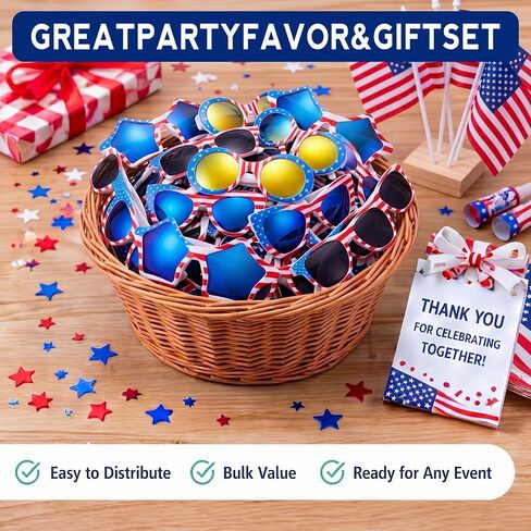 24 Pairs 4th of July Glasses Bulk, 4 Fun Shapes (Heart, Star, Round, Square) American Flag Sunglasses USA Red White Blue Patriotic Glasses 250th Anniversary Independence Day Party decor in Saudi Arabia
