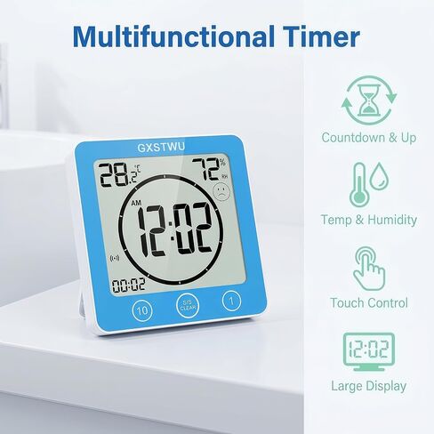Digital Shower Clock, Bathroom Timer Clock, Waterproof for Water Spray, Count Up Count Down Alarm, Touch Screen Timer, Temperature Humidity, Wall Clock Magnet, Suction Cup, Hanging, Stand Blue in Saudi Arabia