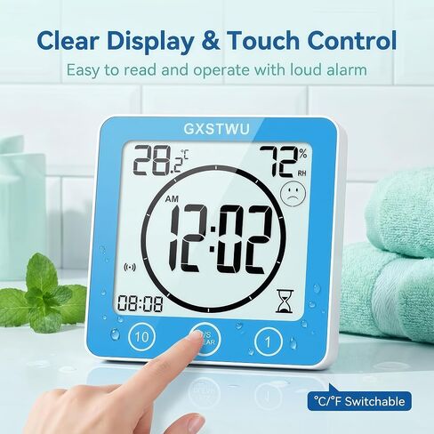 Digital Shower Clock, Bathroom Timer Clock, Waterproof for Water Spray, Count Up Count Down Alarm, Touch Screen Timer, Temperature Humidity, Wall Clock Magnet, Suction Cup, Hanging, Stand Blue in Saudi Arabia