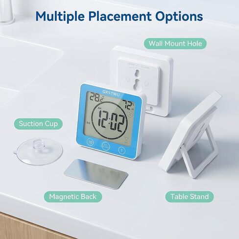 Digital Shower Clock, Bathroom Timer Clock, Waterproof for Water Spray, Count Up Count Down Alarm, Touch Screen Timer, Temperature Humidity, Wall Clock Magnet, Suction Cup, Hanging, Stand Blue in Saudi Arabia
