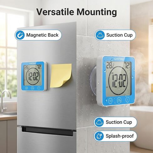 Digital Shower Clock, Bathroom Timer Clock, Waterproof for Water Spray, Count Up Count Down Alarm, Touch Screen Timer, Temperature Humidity, Wall Clock Magnet, Suction Cup, Hanging, Stand Blue in Saudi Arabia