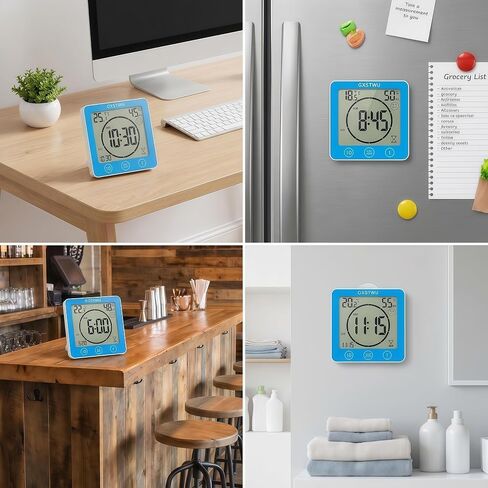 Digital Shower Clock, Bathroom Timer Clock, Waterproof for Water Spray, Count Up Count Down Alarm, Touch Screen Timer, Temperature Humidity, Wall Clock Magnet, Suction Cup, Hanging, Stand Blue in Saudi Arabia