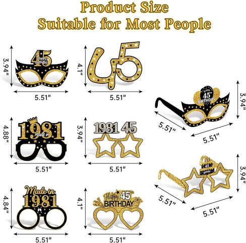 Turypaty 24Pcs 1981 45th Birthday Paper Glasses Decorations for Men Women - Black Gold Happy 45th Birthday Paper Eyeglasses Photo Props, Vintage 1981 45 Years Old Birthday Party Supplies in Saudi Arabia
