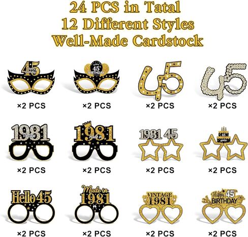 Turypaty 24Pcs 1981 45th Birthday Paper Glasses Decorations for Men Women - Black Gold Happy 45th Birthday Paper Eyeglasses Photo Props, Vintage 1981 45 Years Old Birthday Party Supplies in Saudi Arabia