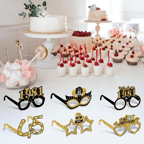 Turypaty 24Pcs 1981 45th Birthday Paper Glasses Decorations for Men Women - Black Gold Happy 45th Birthday Paper Eyeglasses Photo Props, Vintage 1981 45 Years Old Birthday Party Supplies in Saudi Arabia