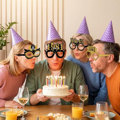 Turypaty 24Pcs 1981 45th Birthday Paper Glasses Decorations for Men Women - Black Gold Happy 45th Birthday Paper Eyeglasses Photo Props, Vintage 1981 45 Years Old Birthday Party Supplies in Saudi Arabia